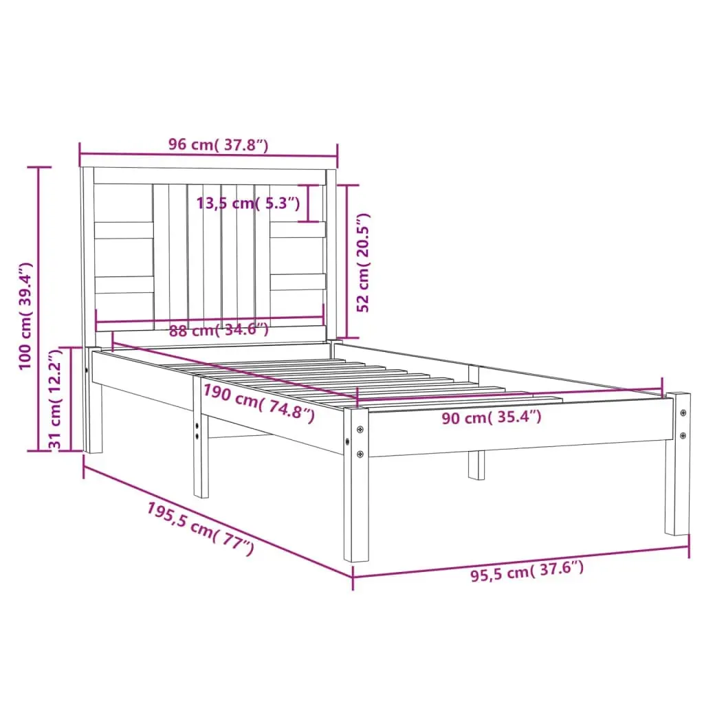 Bed Frame without Mattress Black 90x190 cm Solid Wood 3105374