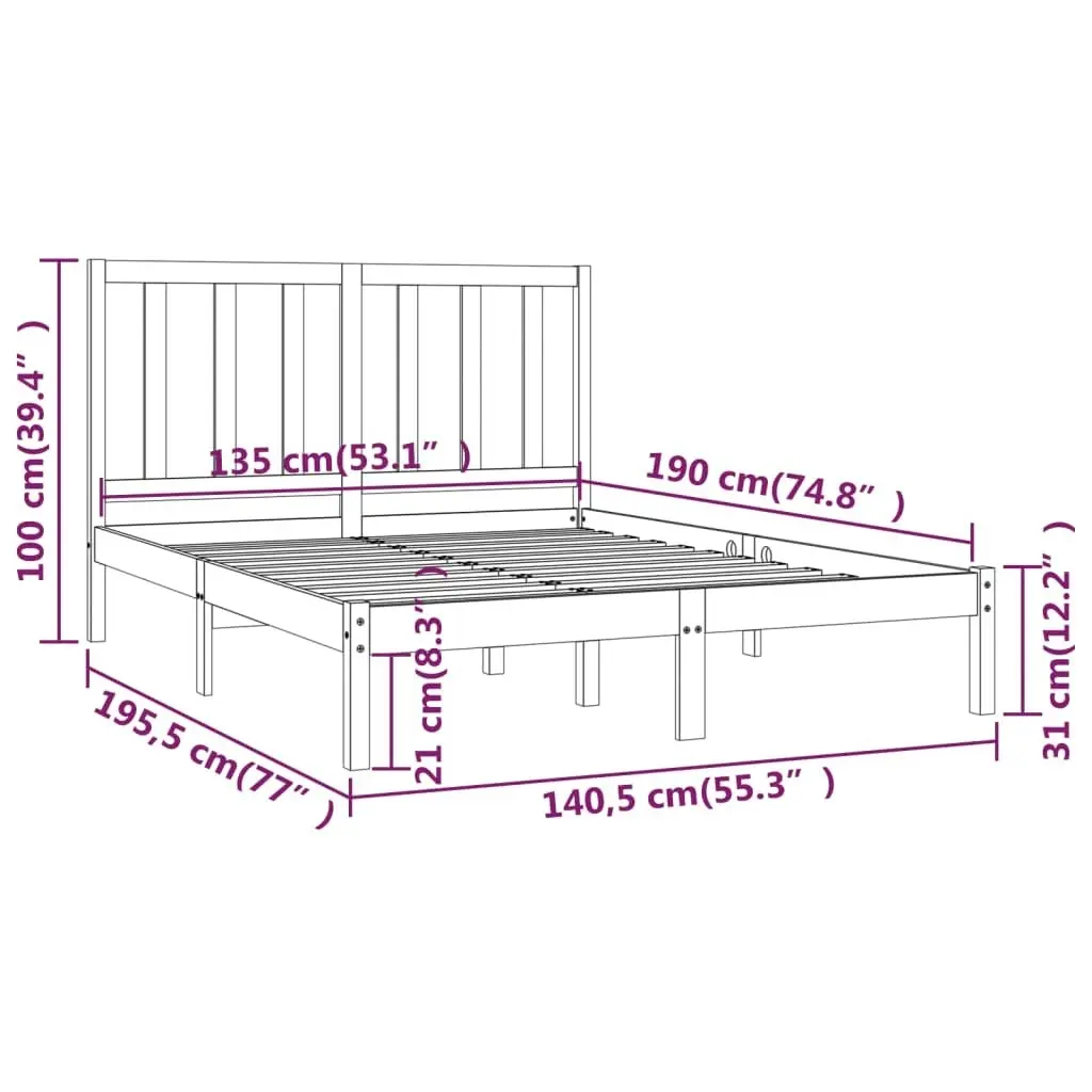 Bed Frame without Mattress Black Solid Wood Pine 135x190 cm 3105139