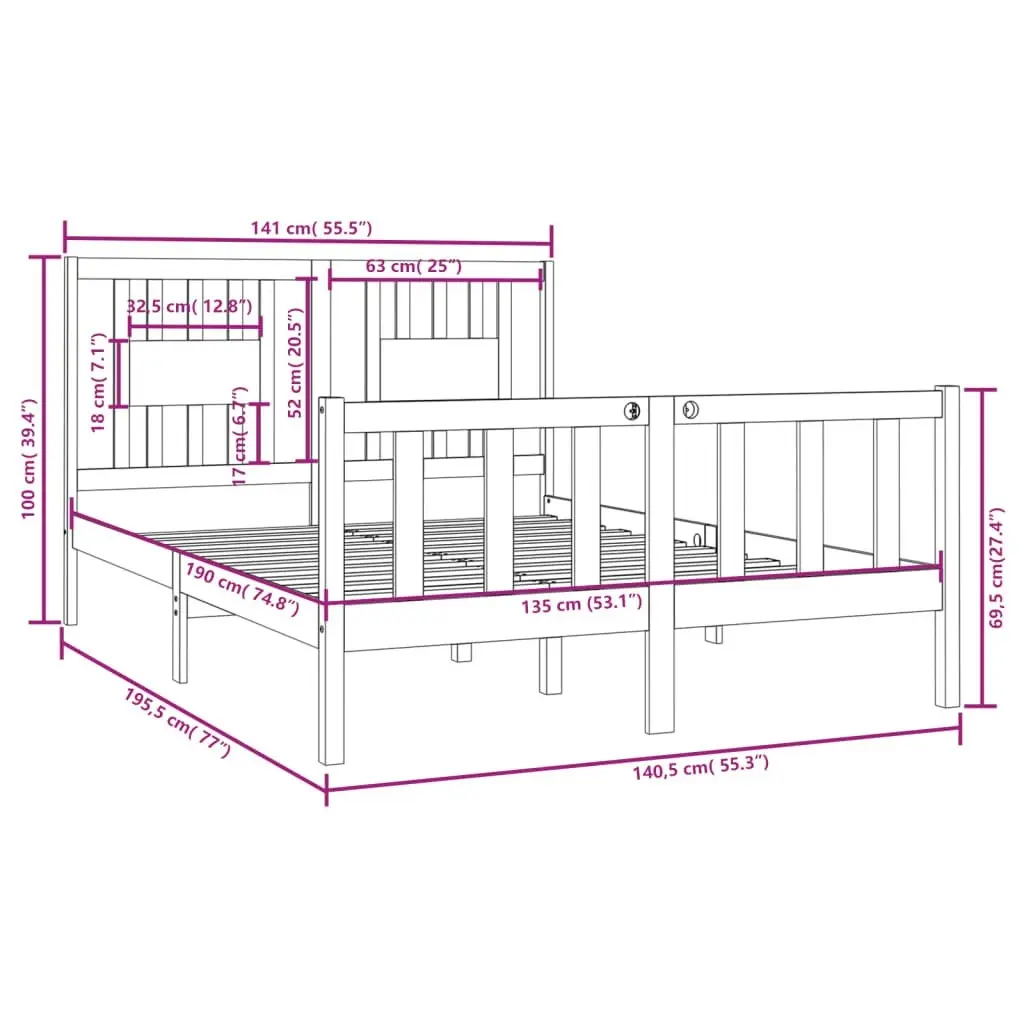 Bed Frame without Mattress Black 135x190 cm Solid Wood 3104107