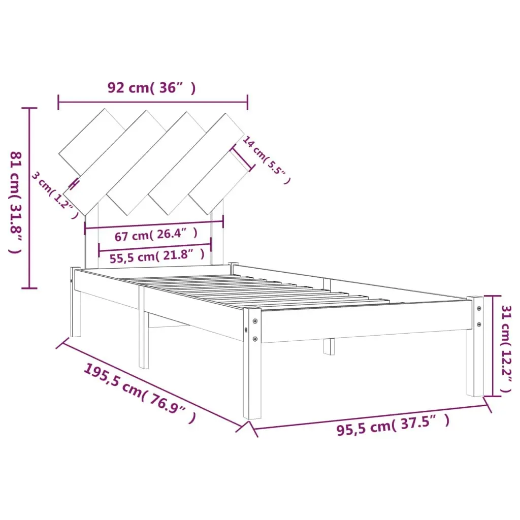 Bed Frame 92x187 cm Single Size Solid Wood 3104833