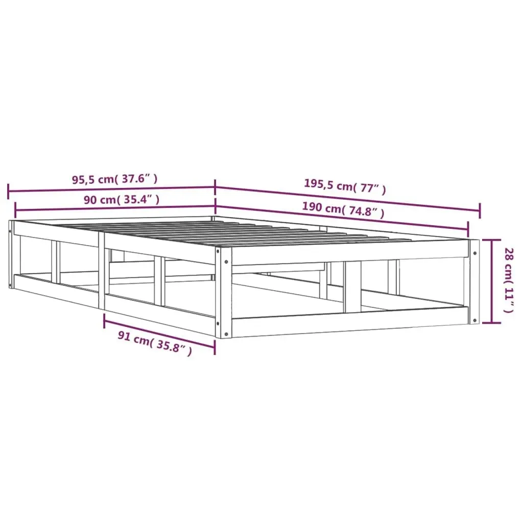 Bed Frame Black 92x187 cm Single Size Solid Wood 820830