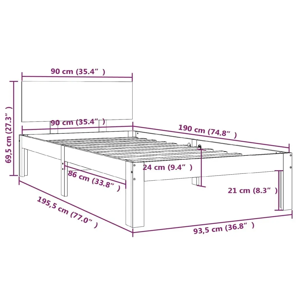 Bed Frame Black Solid Wood 92x187 cm Single Size 810464