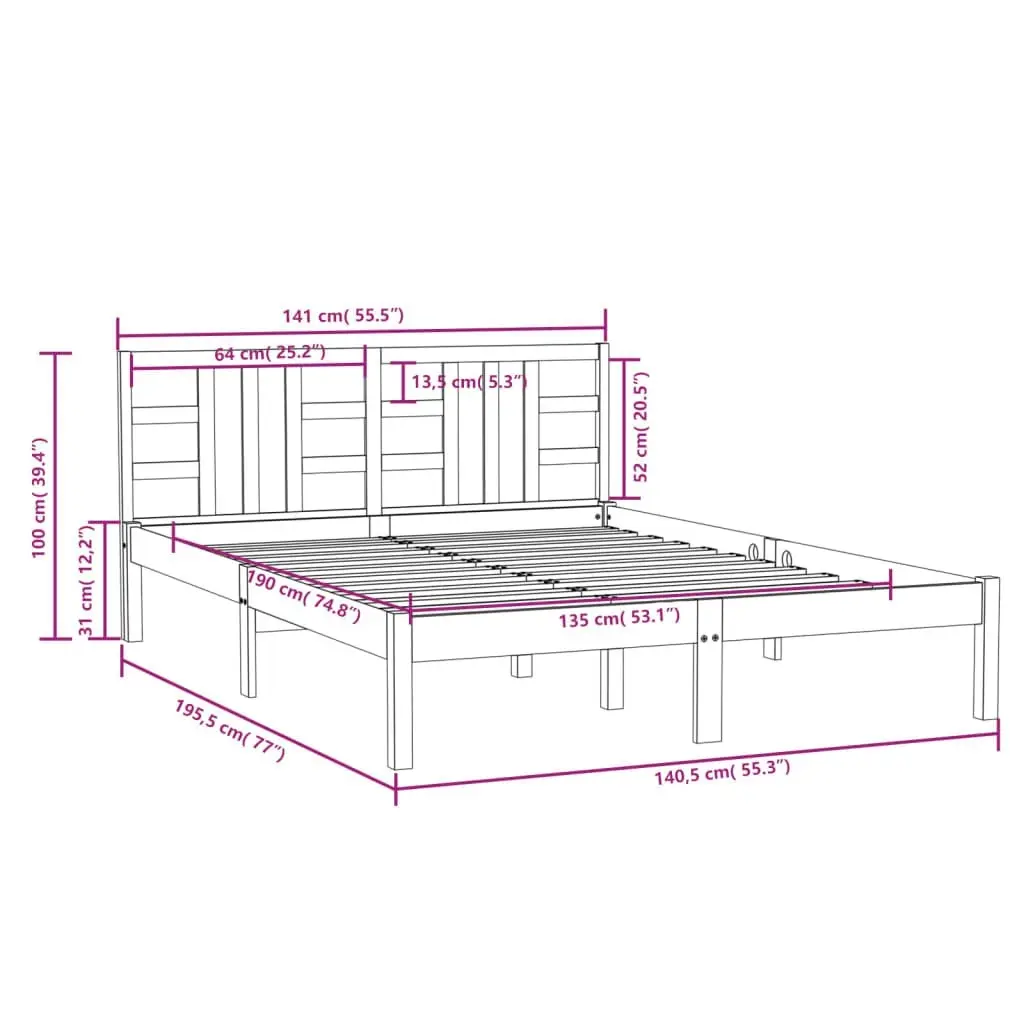 Bed Frame Black Solid Wood 137x187 cm Double Size 3105384