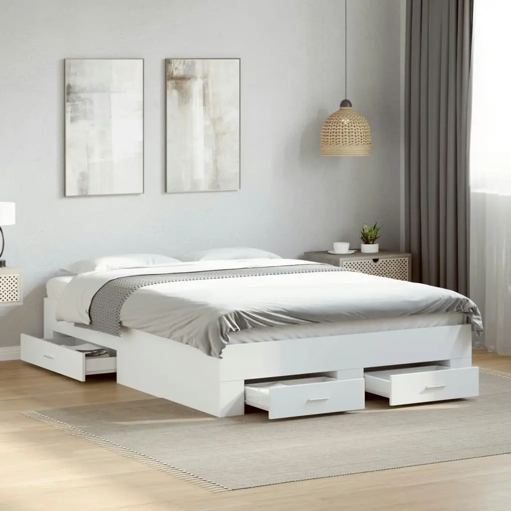 Bed Frame with Drawers White 135x190 cm Engineered Wood 3280405