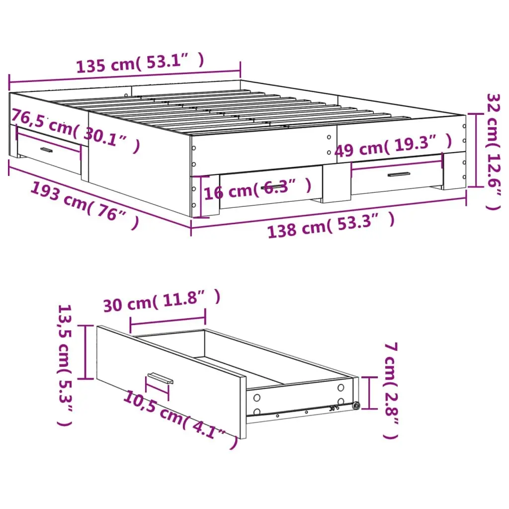 Bed Frame with Drawers White 135x190 cm Engineered Wood 3280405