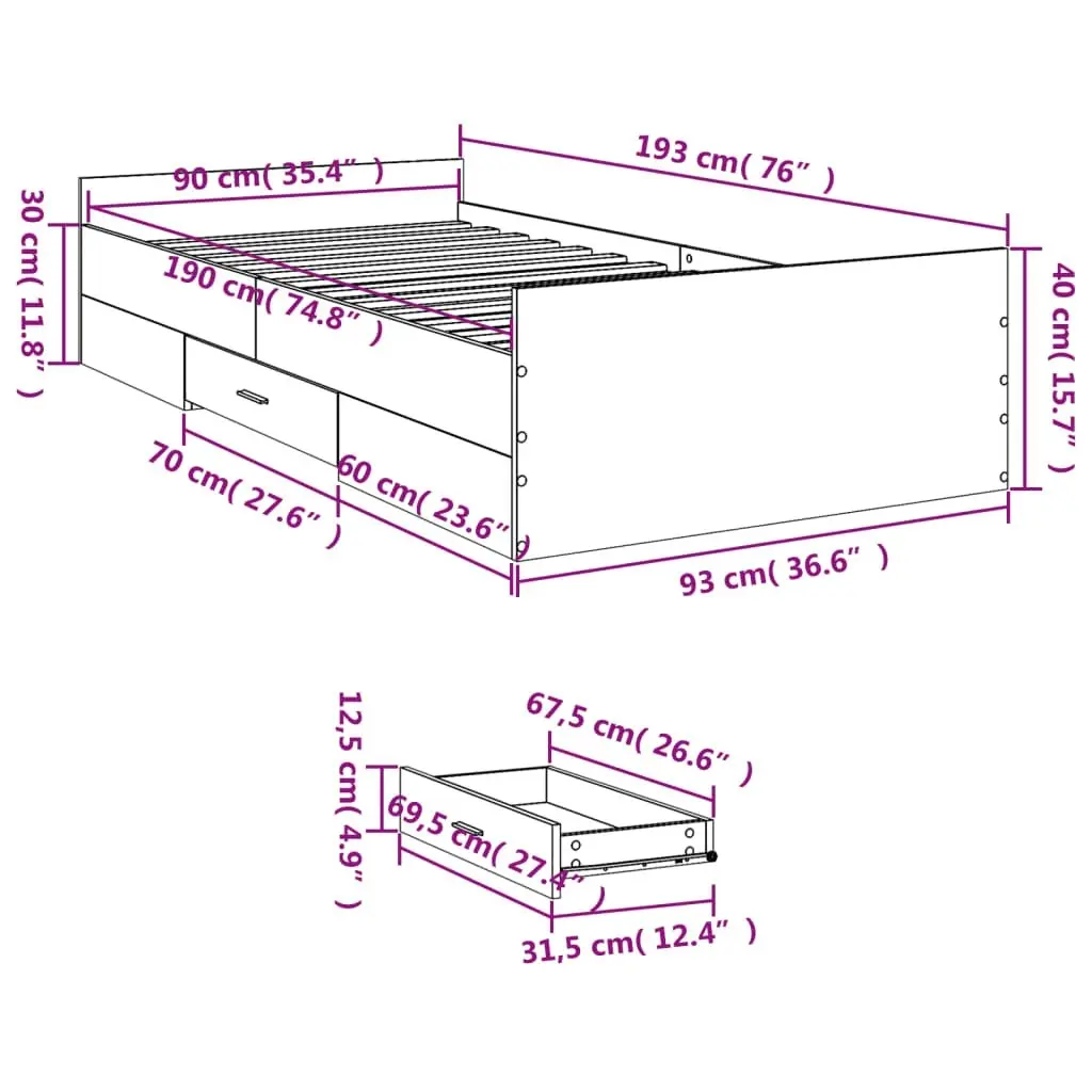 Bed Frame with Drawers White 90x190 cm Engineered Wood 3280342