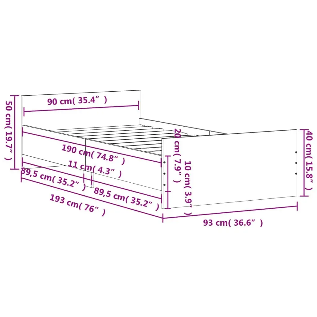 Bed Frame Sonoma Oak 92x187 cm Single Size Engineered Wood 835941