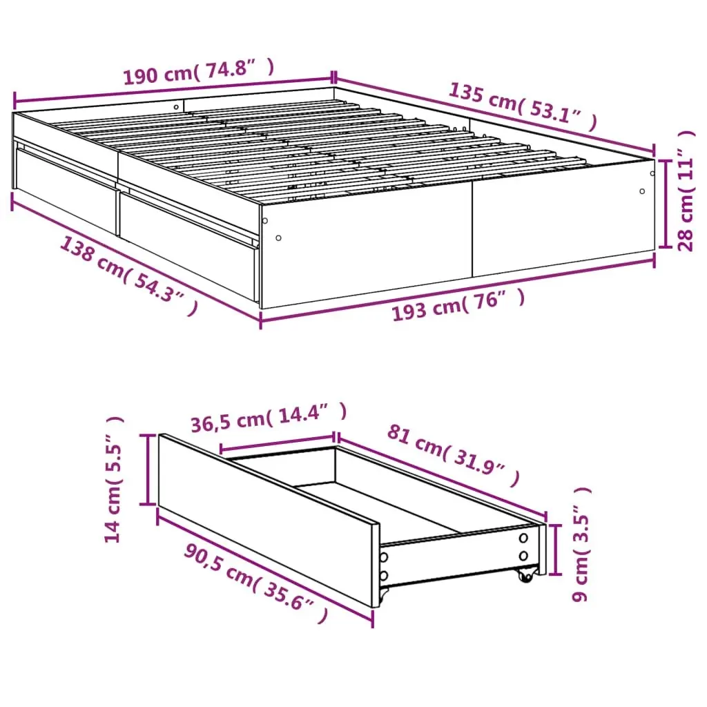 Bed Frame with Drawers without Mattress White 135x190 cm 3280692