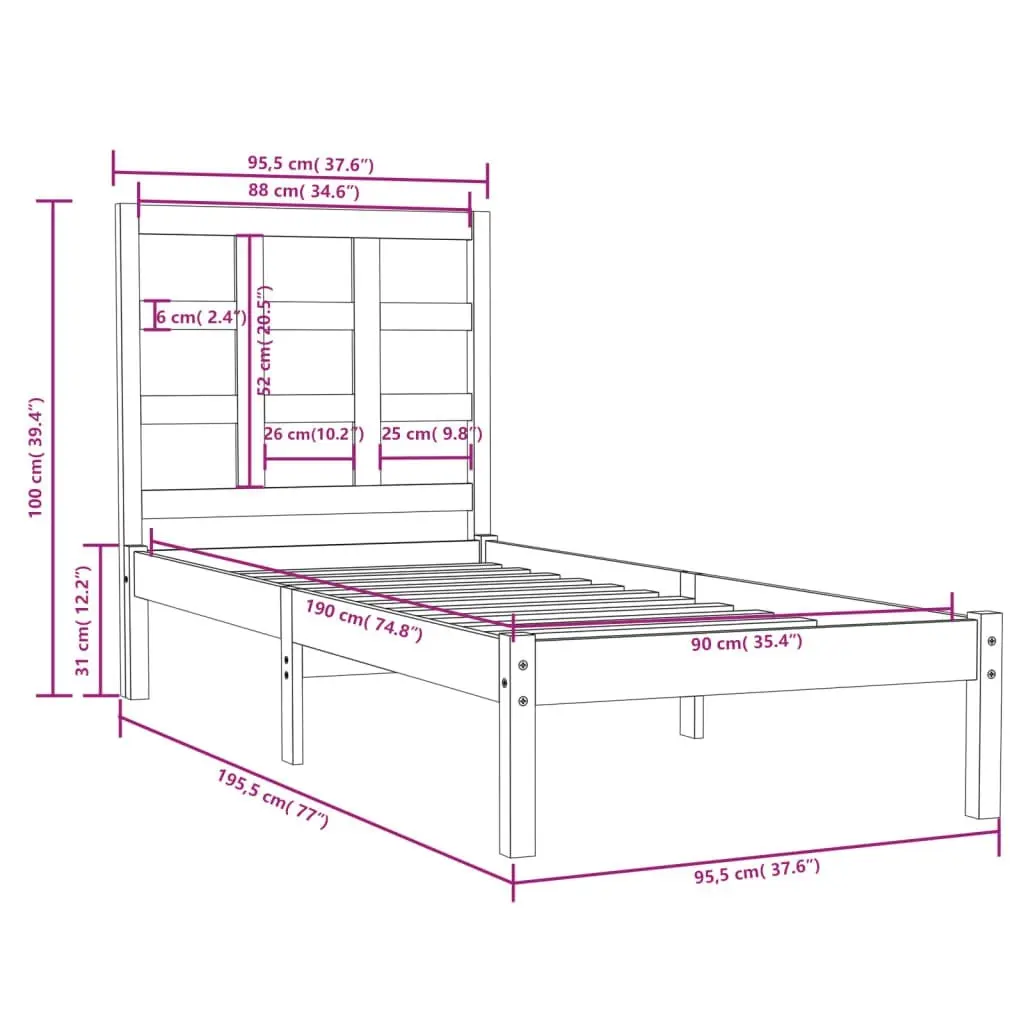 Bed Frame White Solid Wood 92x187 cm Single Size 3105436