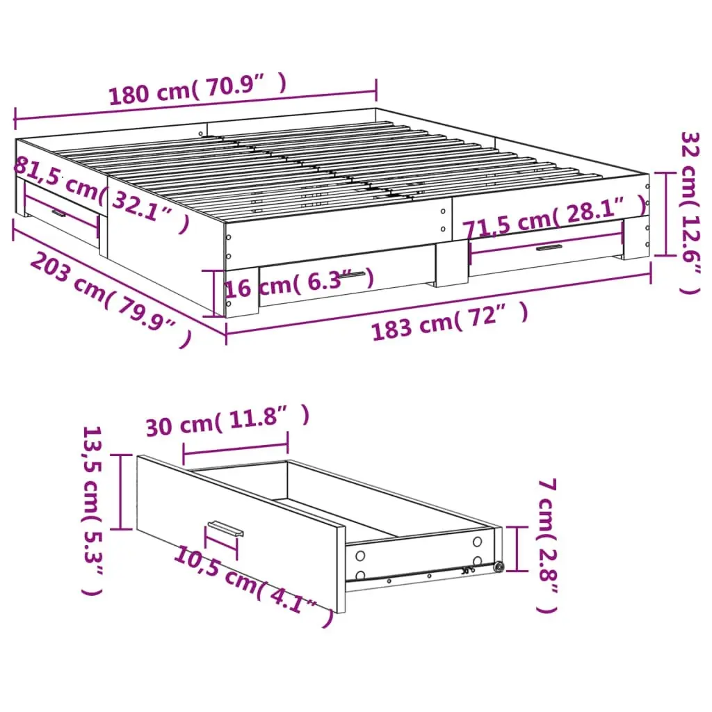 Bed Frame with Drawers without Mattress White 183x203 cm King 3280363