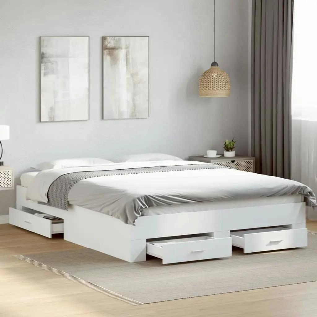 Bed Frame with Drawers White 150x200 cm Engineered Wood 3280377