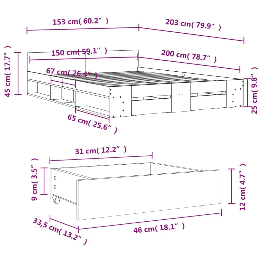 Bed Frame with Drawers without Mattress White 150x200 cm 3280741