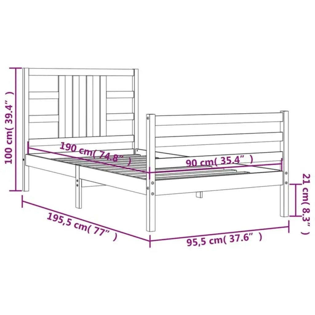 Bed Frame with Headboard 92x187 cm Single Size Solid Wood 3193886