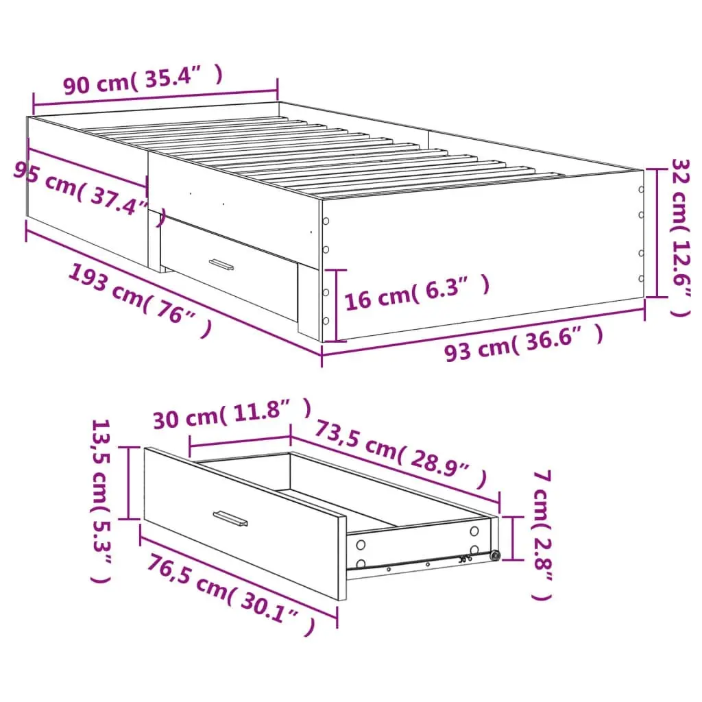 Bed Frame with Drawers without Mattress White 90x190 cm 3280433