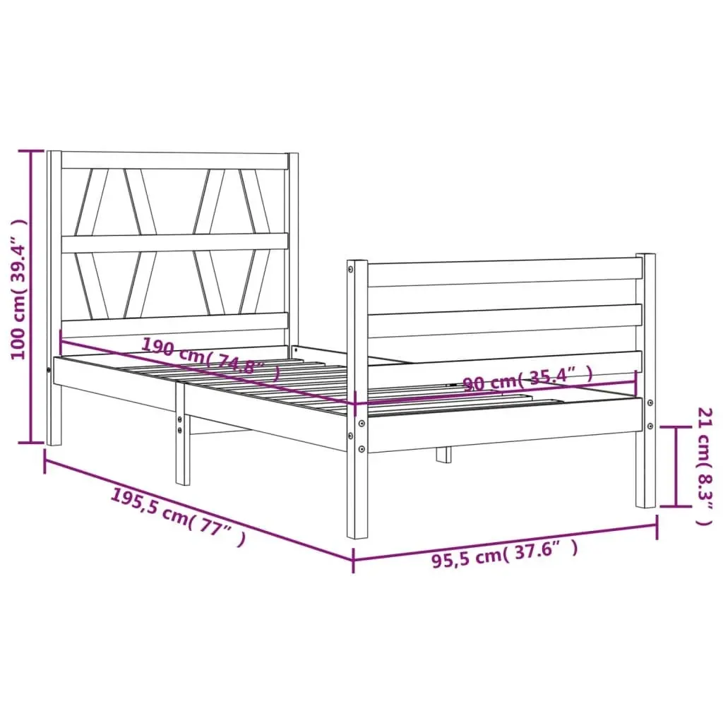 Bed Frame with Headboard 92x187 cm Single Size Solid Wood 3194341