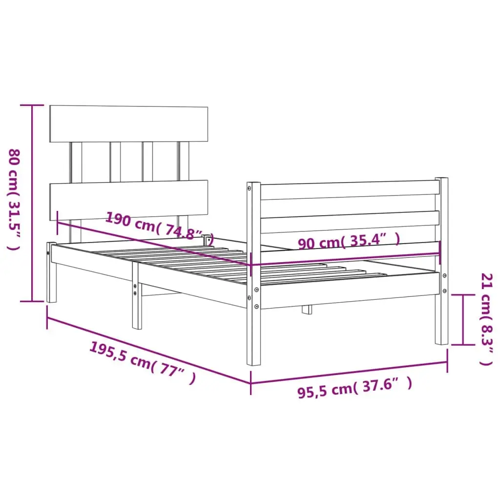 Bed Frame with Headboard 92x187 cm Single Size Solid Wood 3195121