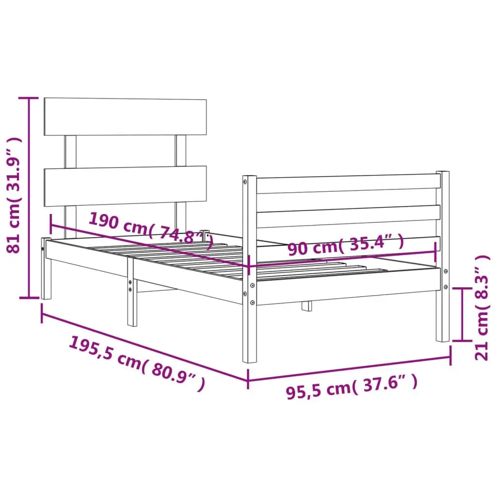 Bed Frame with Headboard 92x187 cm Single Size Solid Wood 3195056