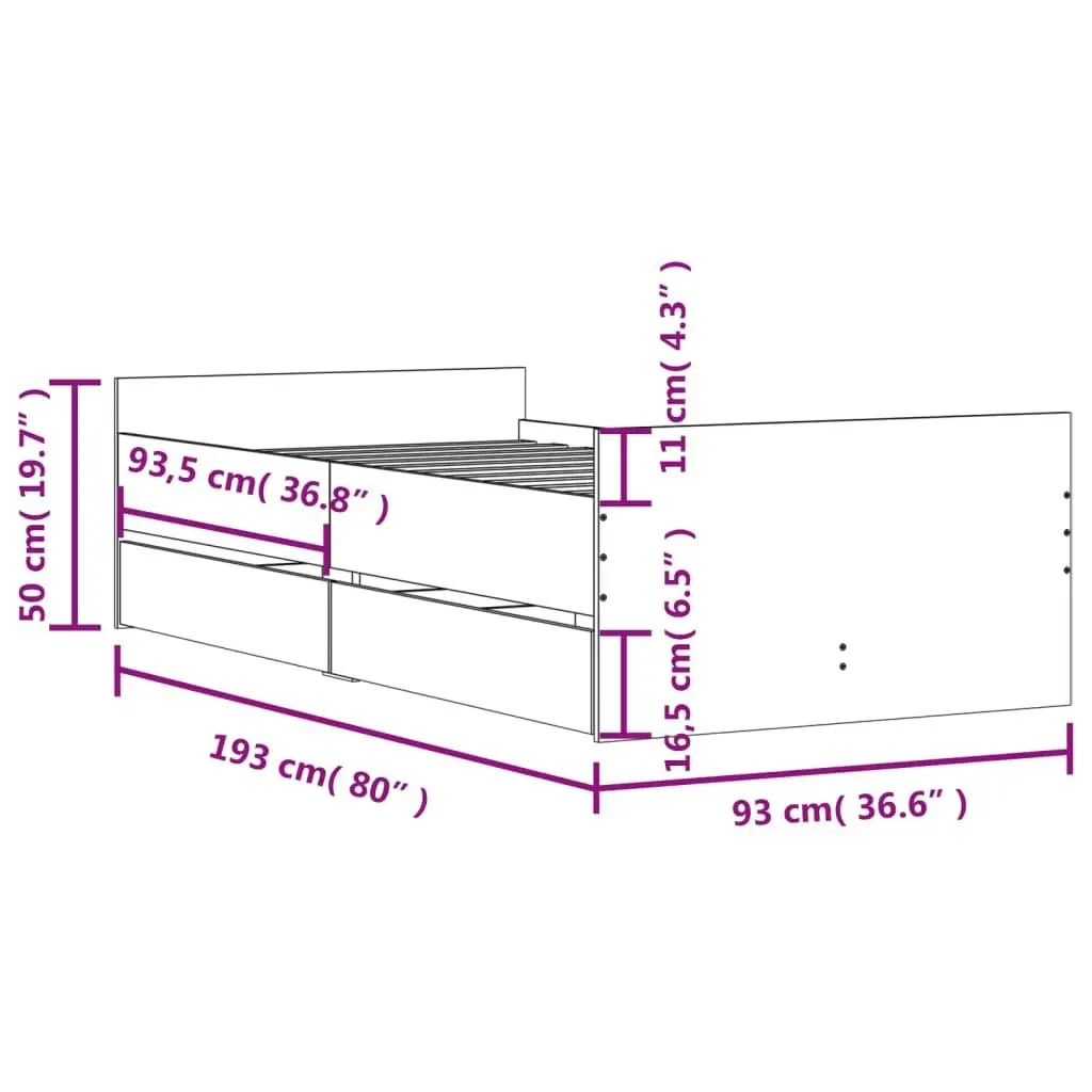 Bed Frame with Drawers without Mattress Sonoma Oak 90x190 cm 3207380