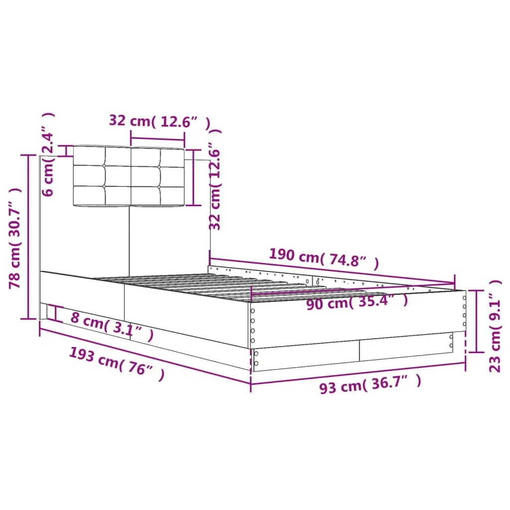 Bed Frame with Headboard and LED Lights Black 90x190 cm 3210060