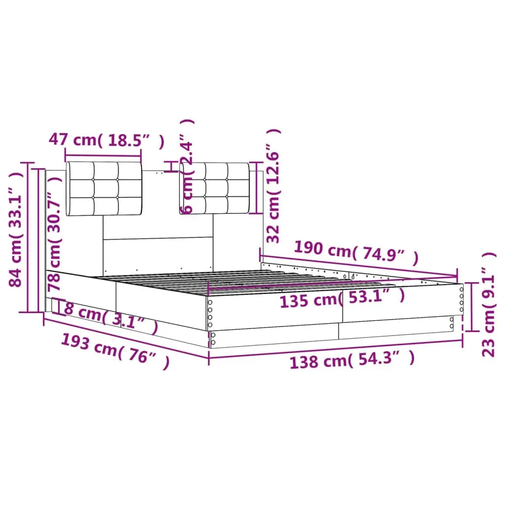 Bed Frame with Headboard and LED Lights Sonoma Oak 135x190 cm 3210047