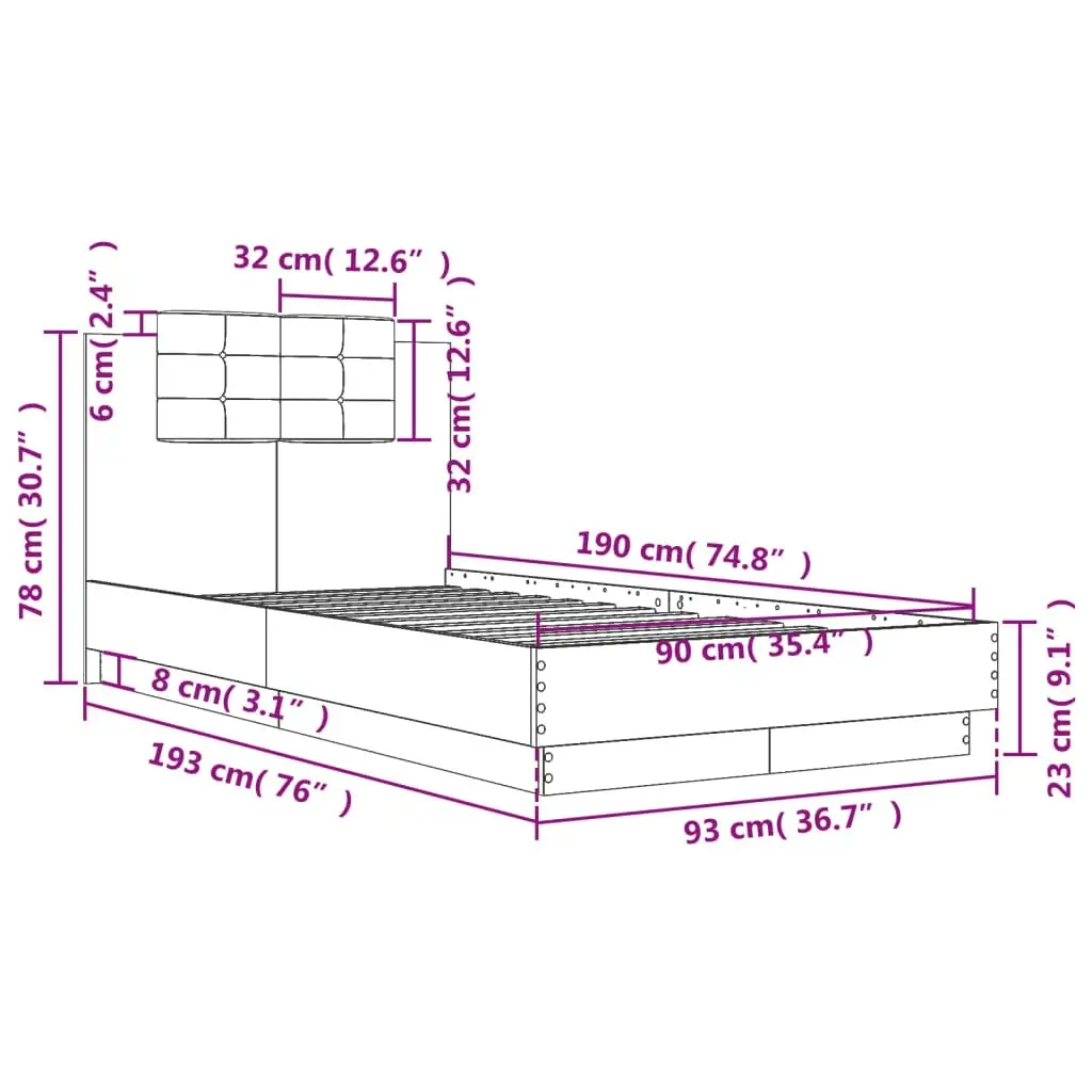 Bed Frame with Headboard and LED Lights Sonoma Oak 90x190 cm 3210061