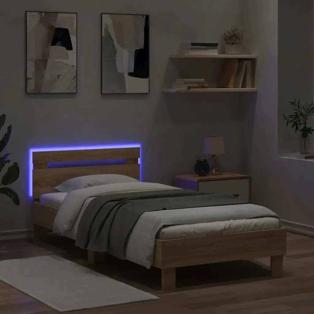 Bed Frame with Headboard and LED Lights Sonoma Oak 90x190 cm 838745