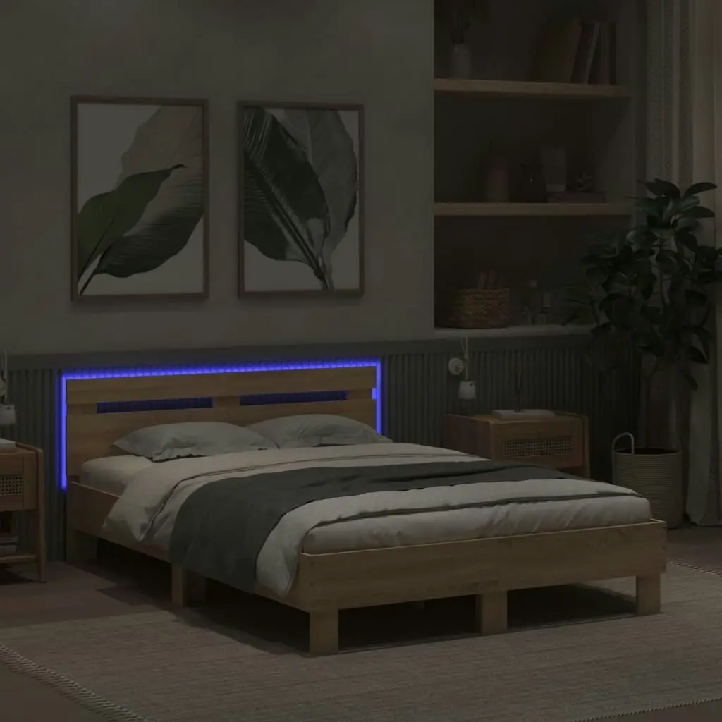 Bed Frame with Headboard and LED Sonoma Oak 135x190 cm 3207569