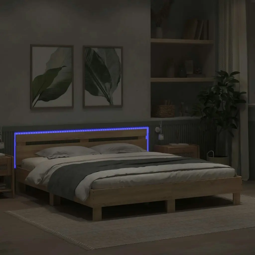 Bed Frame with Headboard and LED Sonoma Oak 183x203 cm King Size 3207527