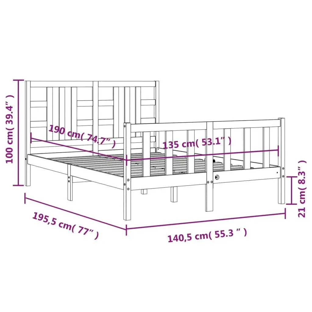 Bed Frame with Headboard Black 137x187 cm Double Solid Wood 3191950