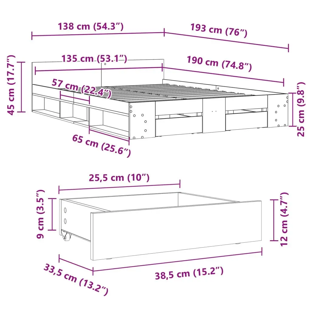 Bed Frame with Drawers White 135x190 cm Engineered Wood 3280769