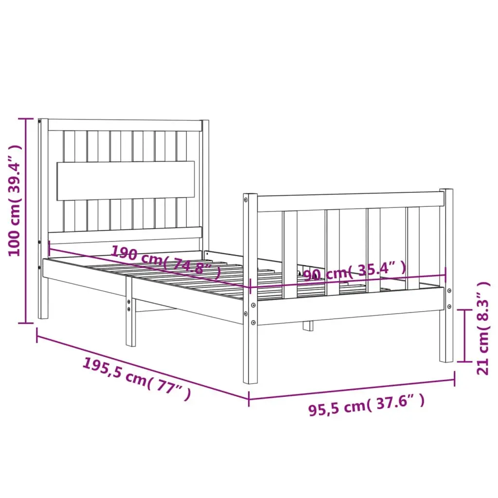 Bed Frame without Mattress Black 90x190 cm Solid Wood Pine 3192395