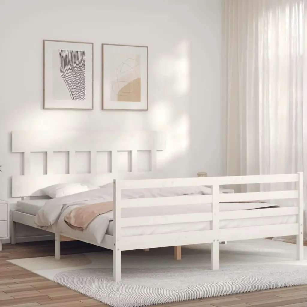 Bed Frame with Headboard  White 153x203 cm Queen Solid Wood 3195162