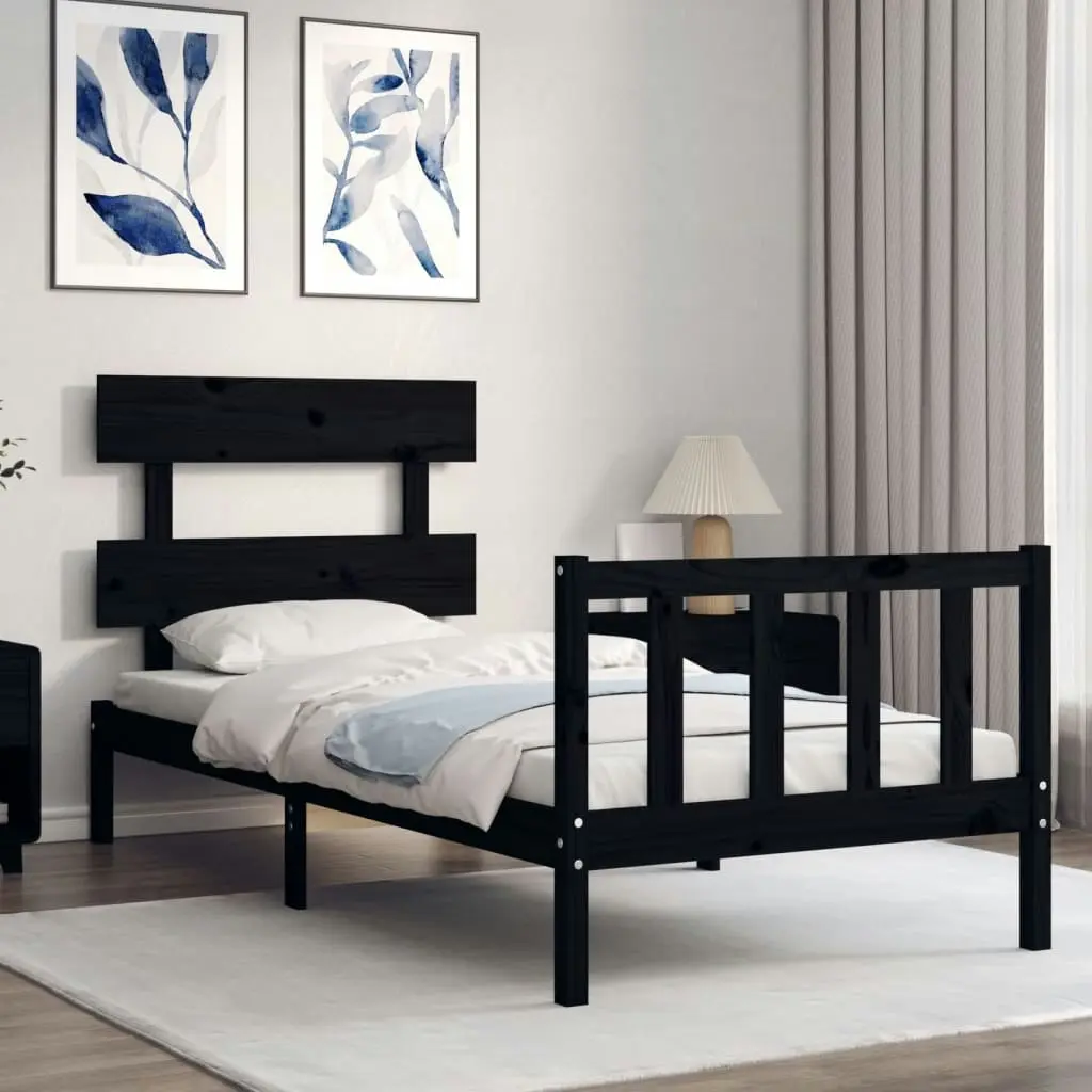 Bed Frame with Headboard Black 92x187 cm Single Size Solid Wood 3193240