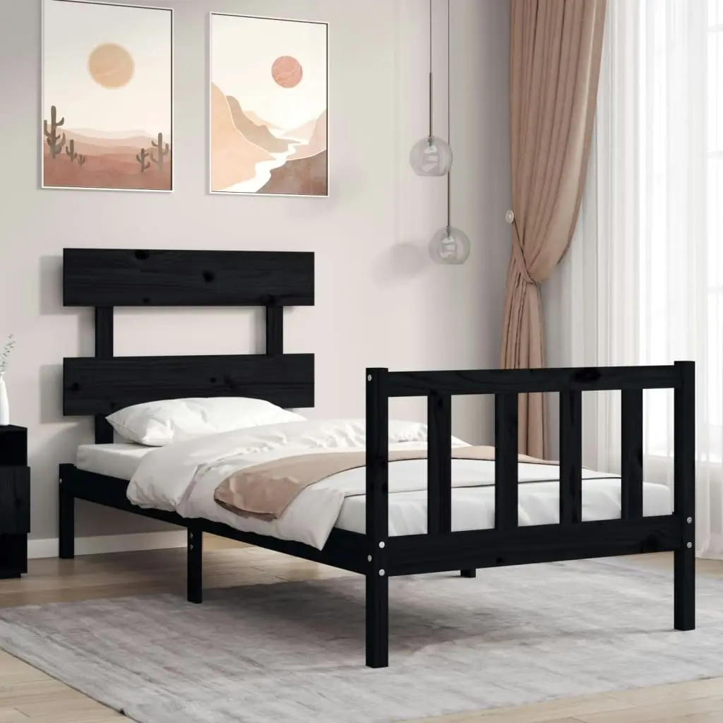 Bed Frame with Headboard Black 92x187 cm Single Size Solid Wood 3193240