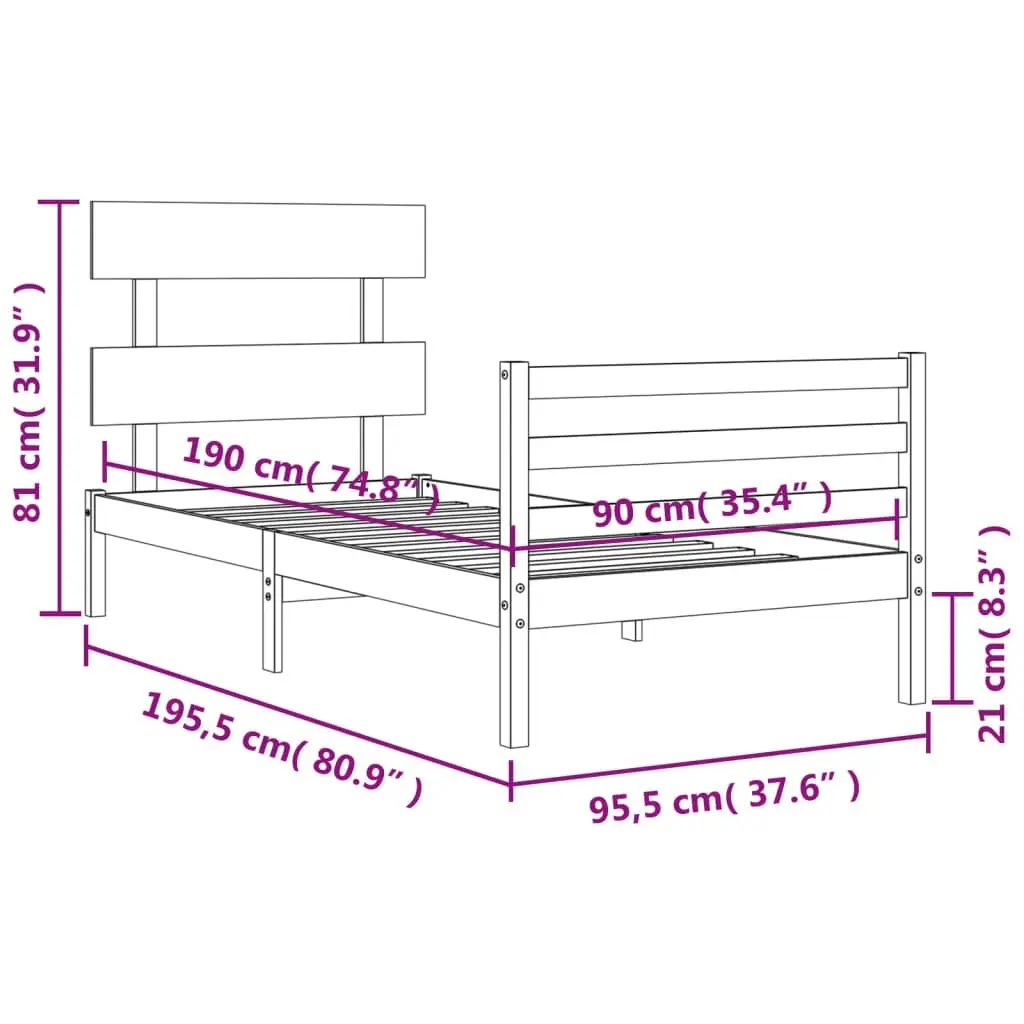 Bed Frame with Headboard Black 92x187 cm Single Size Solid Wood 3195060