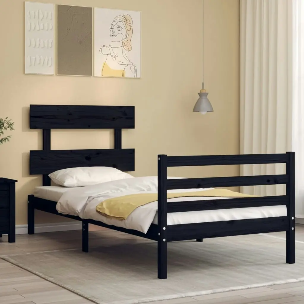 Bed Frame with Headboard Black 92x187 cm Single Size Solid Wood 3195060