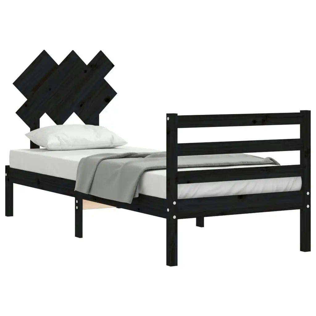 Bed Frame with Headboard Black 92x187 cm Single Size Solid Wood 3195255