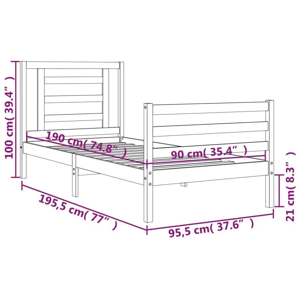 Bed Frame with Headboard Black 92x187 cm Single Size Solid Wood 3194670