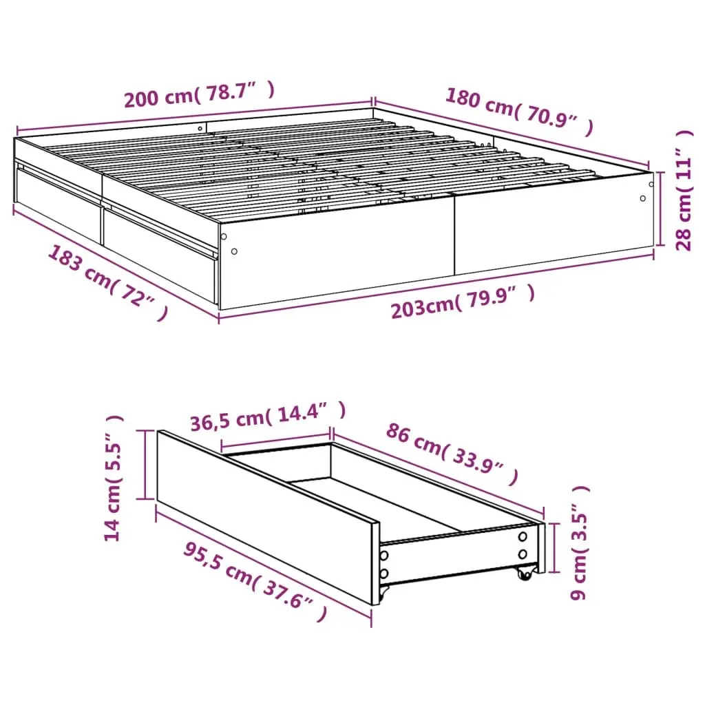 Bed Frame with Drawers White 183x203 cm King Size Engineered Wood 3280636