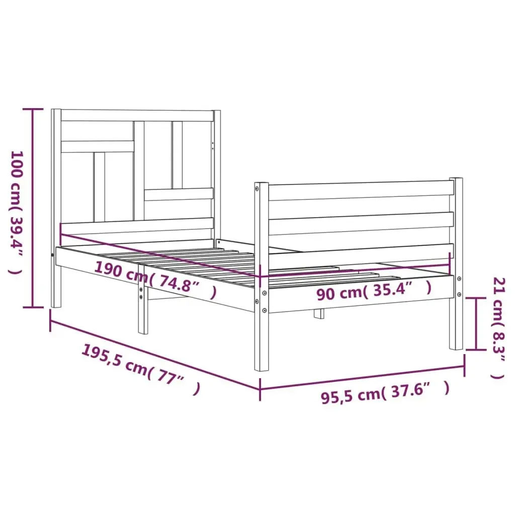 Bed Frame with Headboard Black 92x187 cm Single Size Solid Wood 3194930