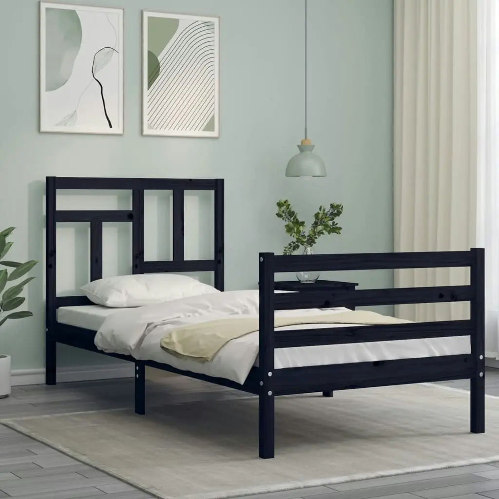 Bed Frame with Headboard Black 92x187 cm Single Size Solid Wood 3194930