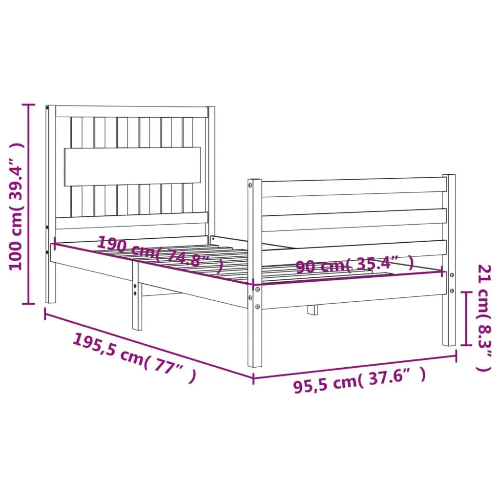 Bed Frame with Headboard Black 92x187 cm Single Size Solid Wood 3194280