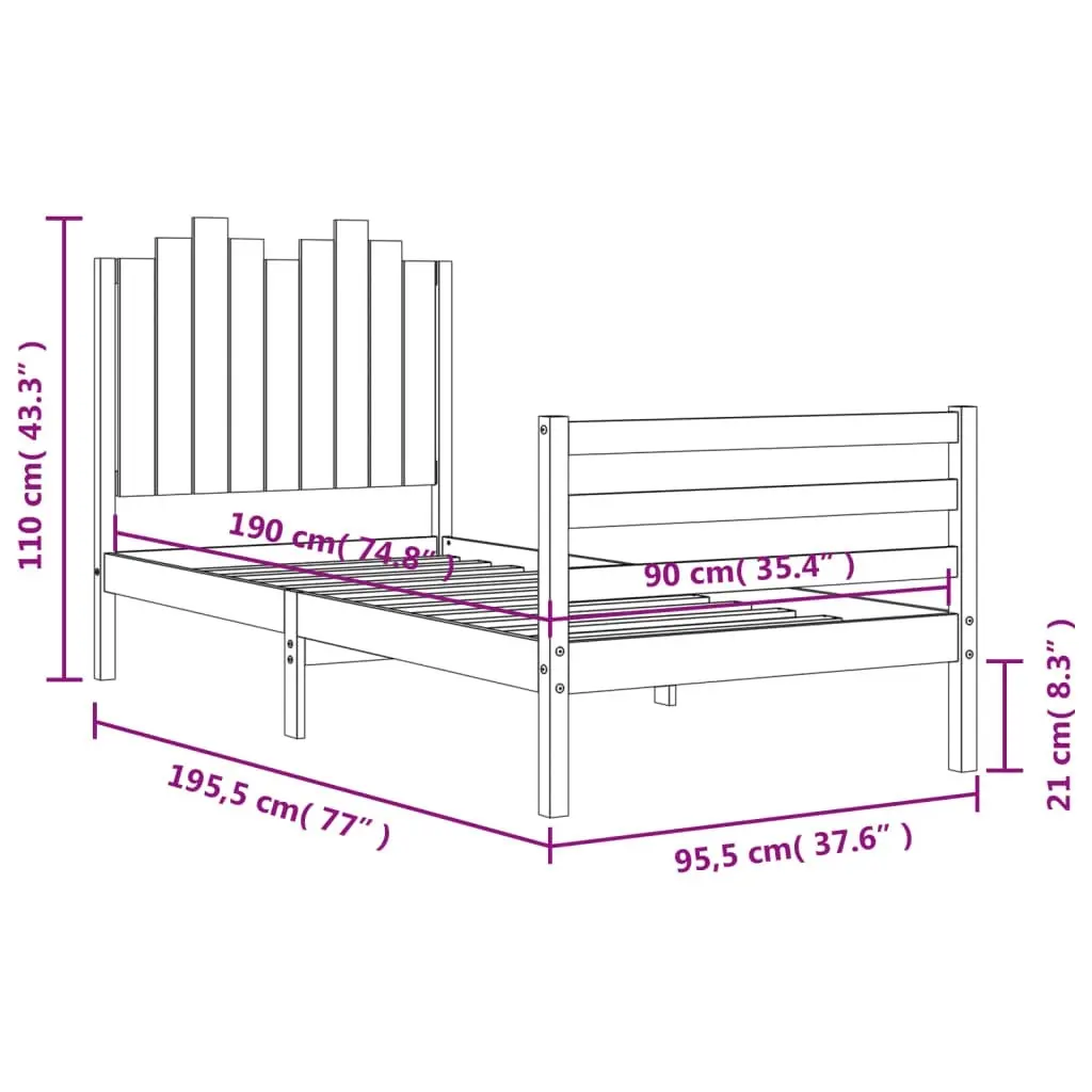 Bed Frame with Headboard Black 92x187 cm Single Size Solid Wood 3194150