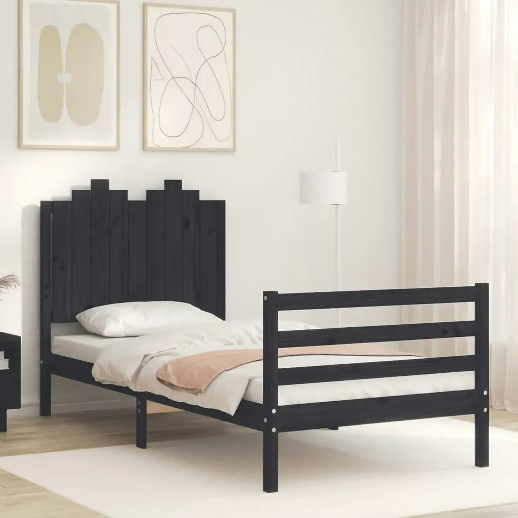 Bed Frame with Headboard Black 92x187 cm Single Size Solid Wood 3194150