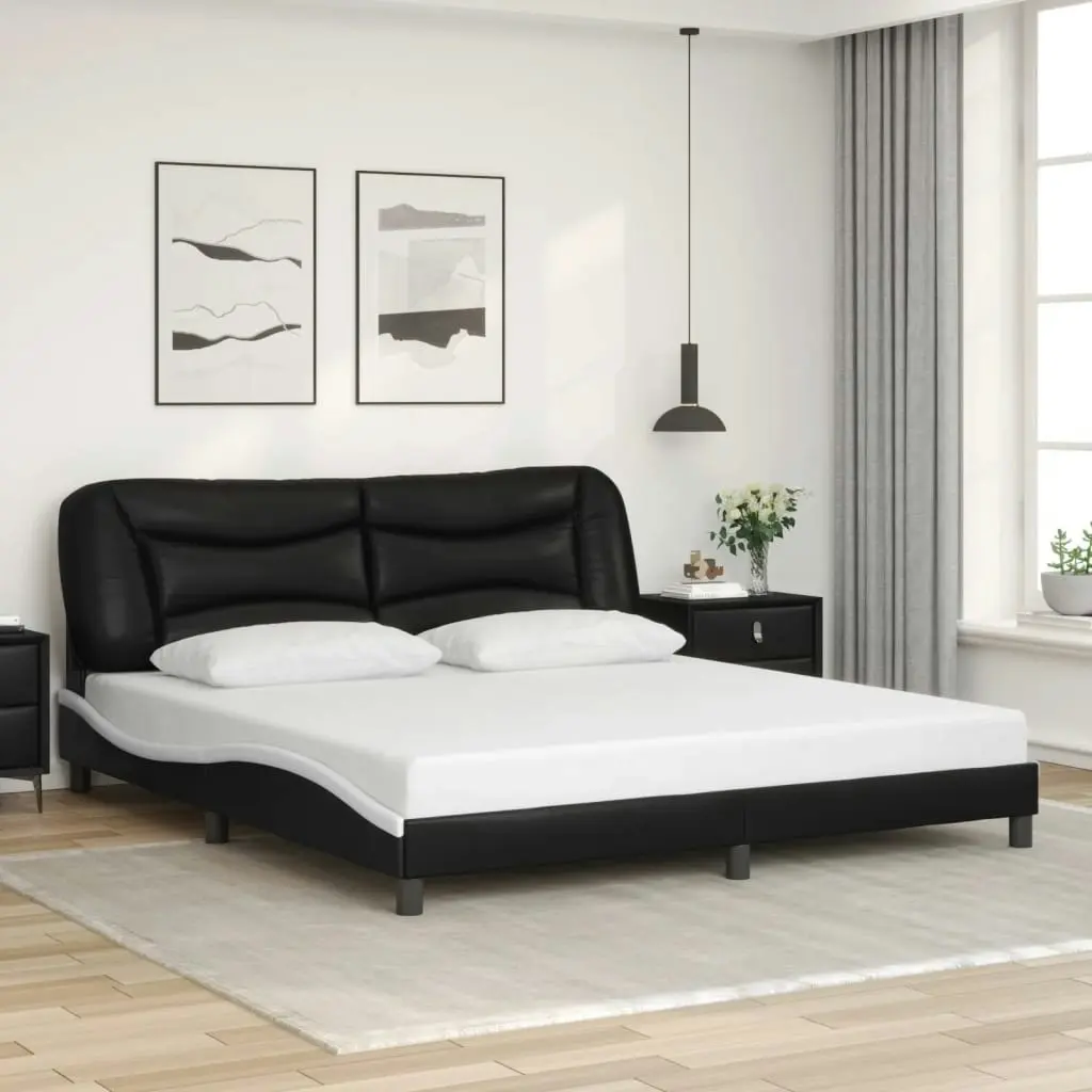 Bed Frame with Headboard Black and White 183x203 cm King Size Faux Leather 3208021