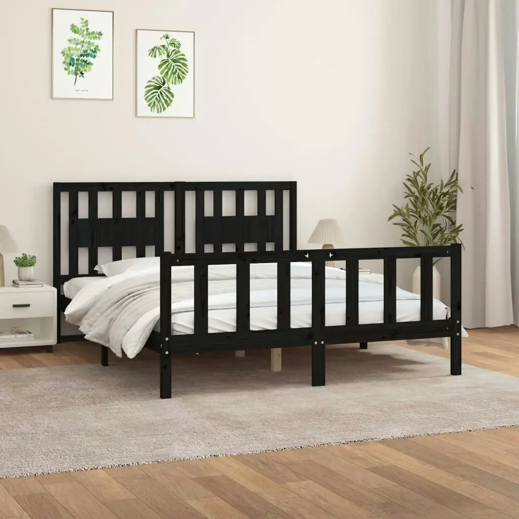 Bed Frame with Headboard Black Solid Wood Pine 153x203 cm Queen Size 3188175