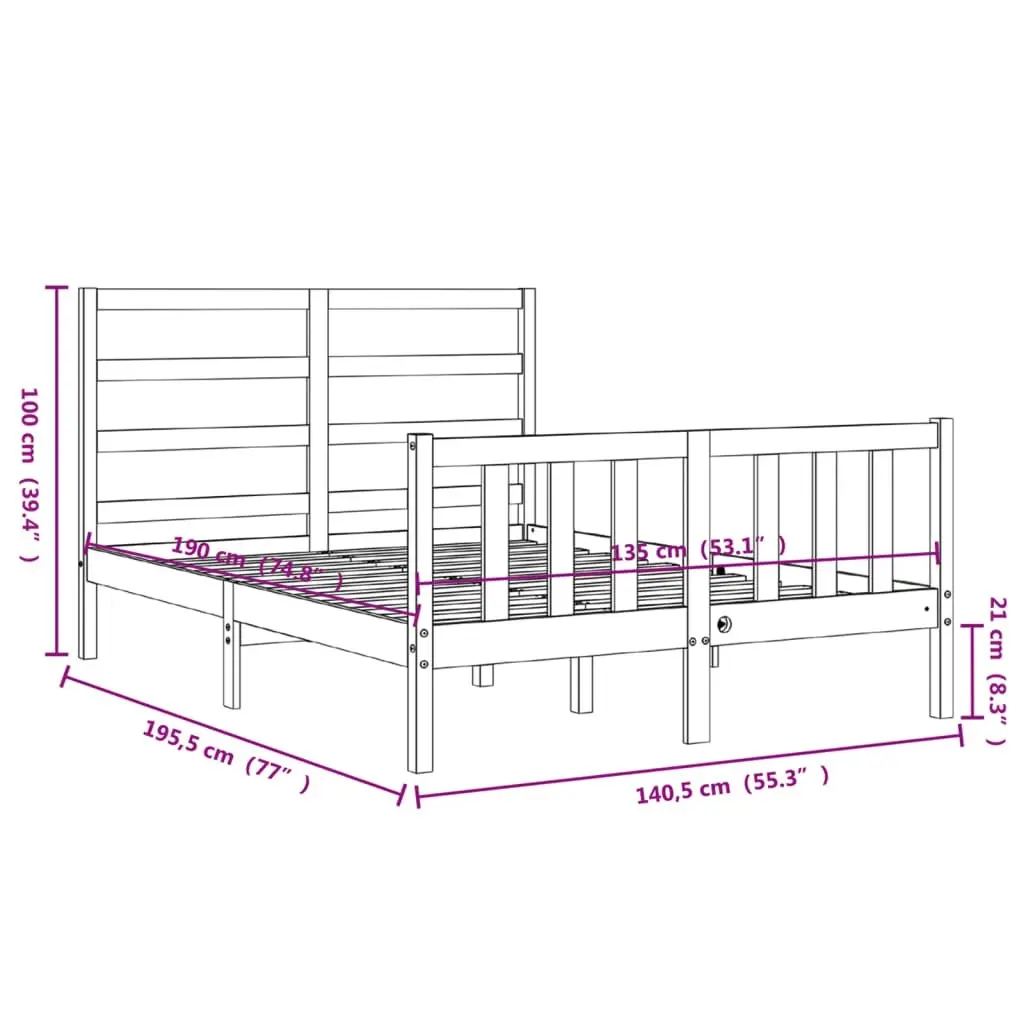 Bed Frame with Headboard White 137x187 cm Double Solid Wood 3191882