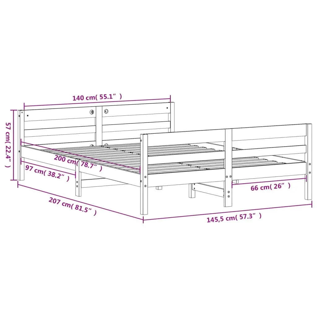 Bed Frame with Headboard White 137x187 cm Double Size Solid Wood Pine 842787