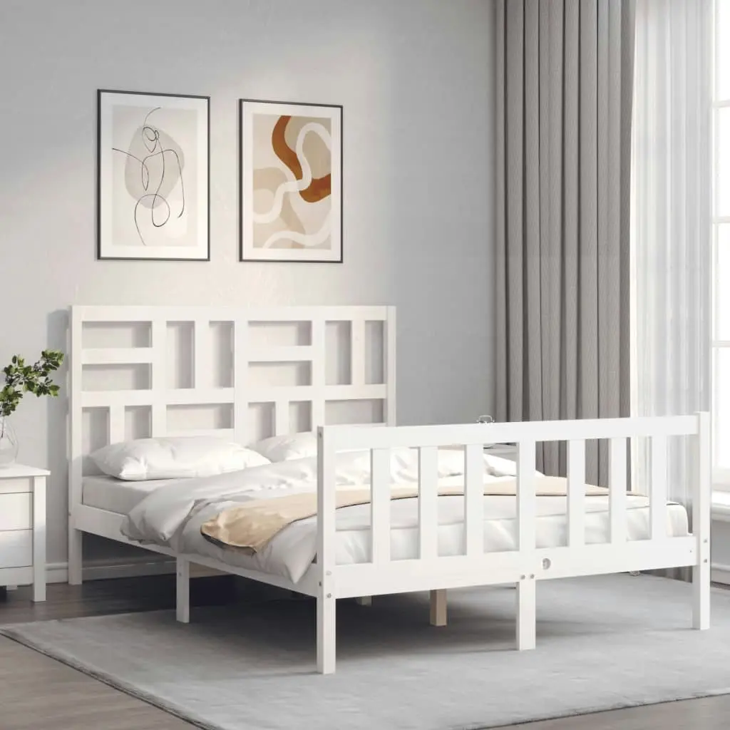 Bed Frame with Headboard White 137x187 cm Double Solid Wood 3193052