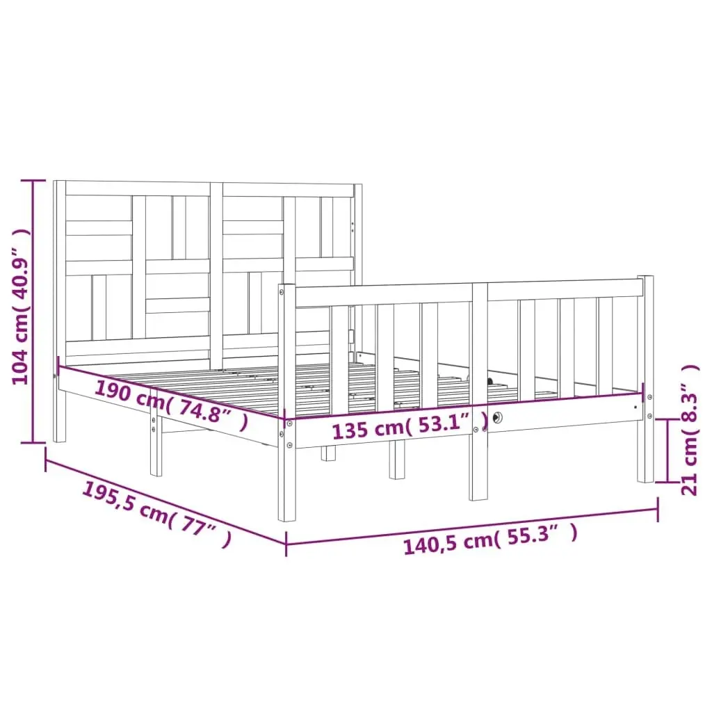 Bed Frame with Headboard White 137x187 cm Double Solid Wood 3193052